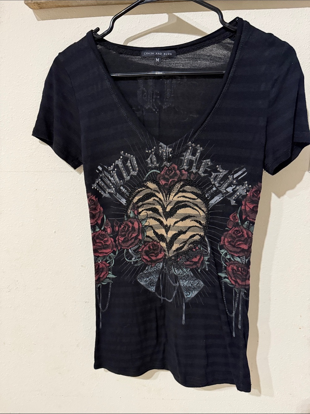 Crash & Burn Black V‑Neck Tee with Zebra Heart and Rose Graphic